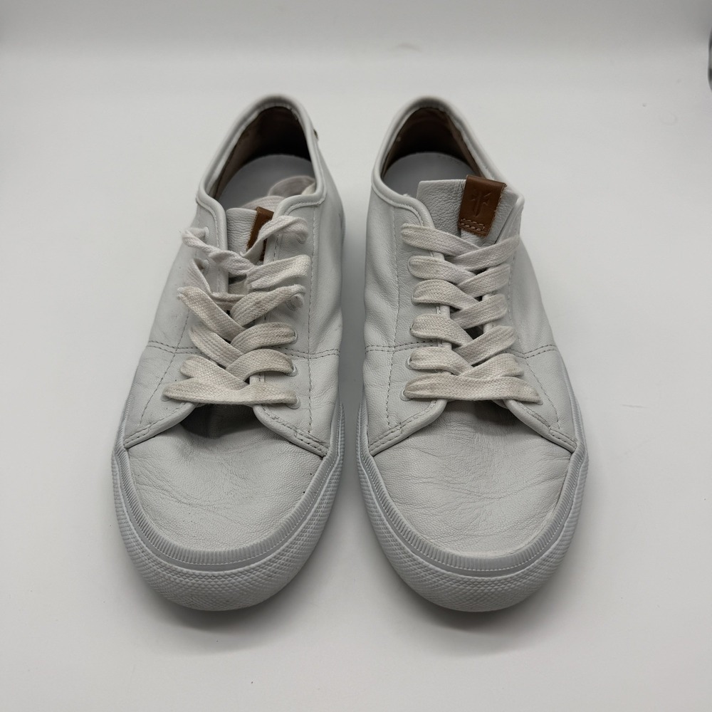 Frye White Leather Low Top Sneakers Casual Lace Up Shoes Tan Accent Women's 9